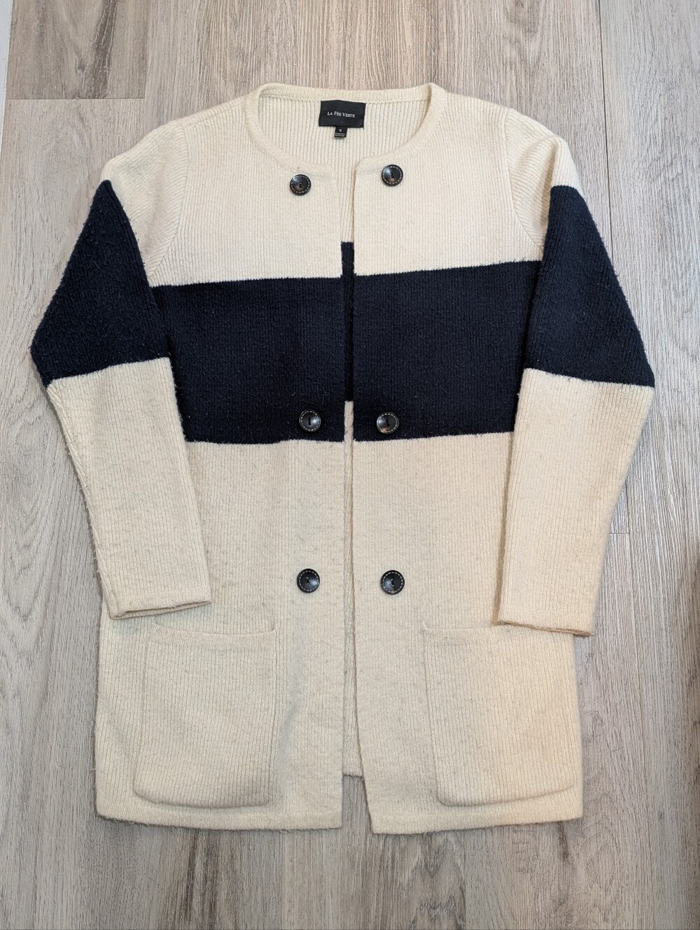 La Fée Verte Colorblock Cream Black Knit Cardigan - Size Small